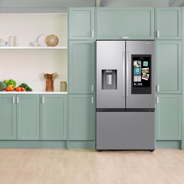 Samsung Standard-Depth Mega Capacity Family Hub 30-cu ft 3 -Door Smart Compatible French Door Refrigerator Triple with Water and Ice Dispenser ( Fingerprint Resistant Stainless Steel ) ENERGY STAR Certified