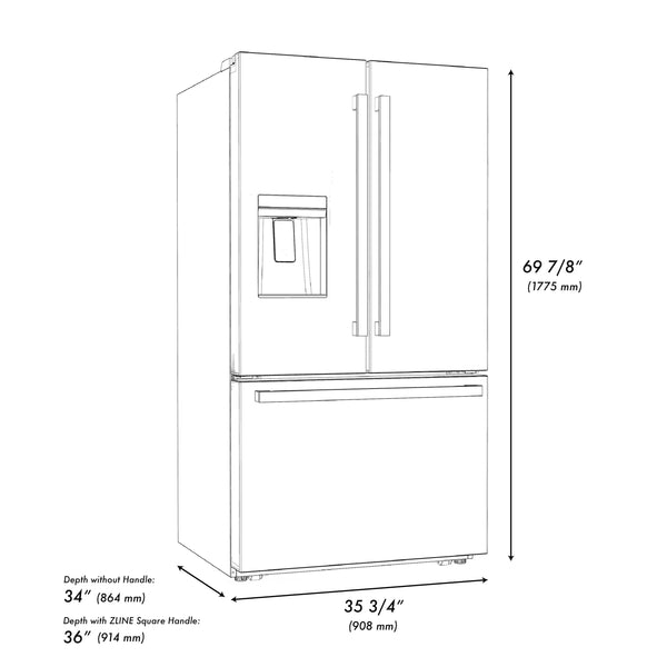 ZLINE KITCHEN & BATH Standard-Depth 28.9-cu ft 3 -Door French Door Refrigerator with Ice Maker with Water and Ice Dispenser ( Black Stainless Steel with Flat Polished Gold Handle ) ENERGY STAR Certified