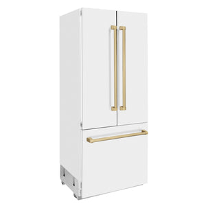 ZLINE KITCHEN & BATH Counter-Depth 19.6-cu ft 3 -Door Built-In French Door Refrigerator with Ice Maker with Water Dispenser ( Stainless Steel with White Matte door and Champagne Bronze Accent handle ) ENERGY STAR Certified