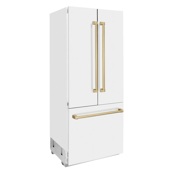 ZLINE KITCHEN & BATH Counter-Depth 19.6-cu ft 3 -Door Built-In French Door Refrigerator with Ice Maker with Water Dispenser ( Stainless Steel with White Matte door and Champagne Bronze Accent handle ) ENERGY STAR Certified