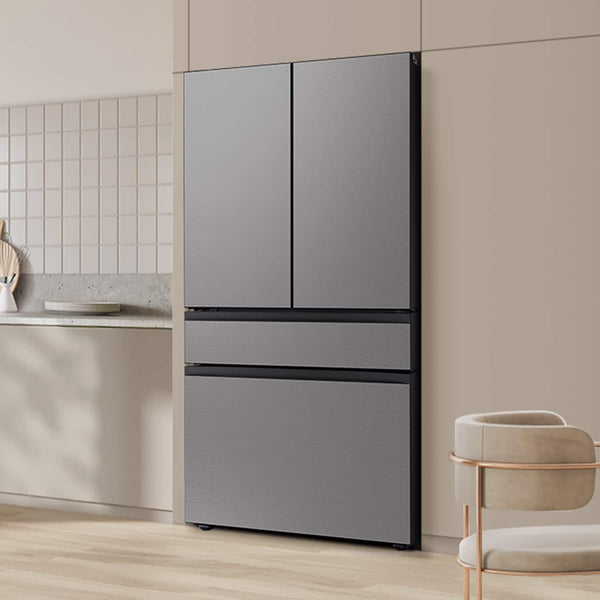 Samsung Bespoke Counter-Depth Inner Beverage Center 22.9-cu ft 4 -Door Smart Compatible French Door Refrigerator with Ice Maker with Water Dispenser ( Stainless Steel ) ENERGY STAR Certified