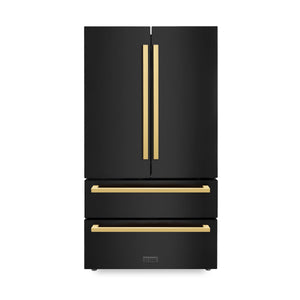 ZLINE KITCHEN & BATH Counter-Depth 21.6-cu ft 4 -Door French Door Refrigerator with Ice Maker with Water and Ice Dispenser ( Black Stainless Steel with Flat Polished Gold Handle ) ENERGY STAR Certified