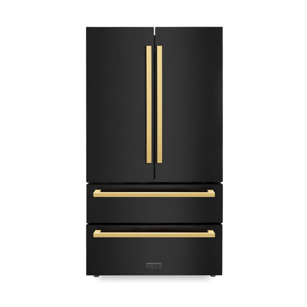 ZLINE KITCHEN & BATH Counter-Depth 21.6-cu ft 4 -Door French Door Refrigerator with Ice Maker with Water and Ice Dispenser ( Black Stainless Steel with Flat Polished Gold Handle ) ENERGY STAR Certified