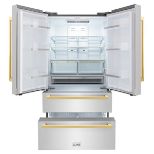 ZLINE KITCHEN & BATH Counter-Depth 21.6-cu ft 4 -Door French Door Refrigerator with Ice Maker with Ice Dispenser ( Stainless Steel with Flat Polished Gold Handle ) ENERGY STAR Certified