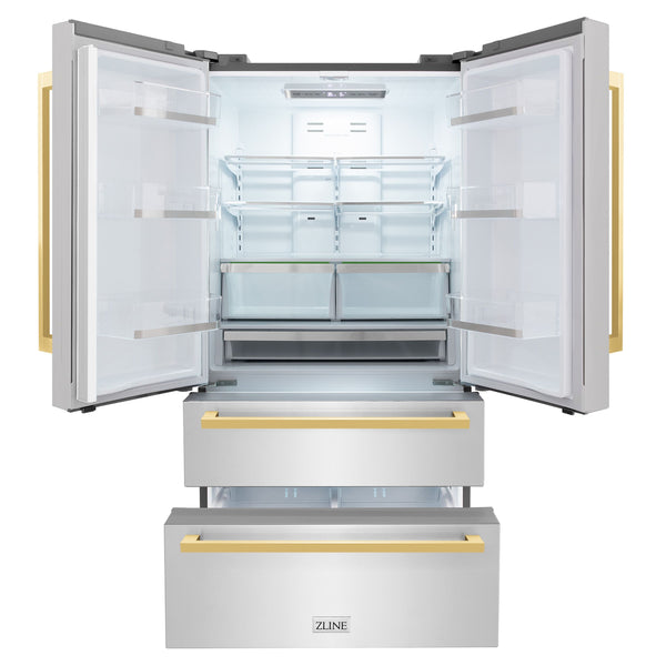 ZLINE KITCHEN & BATH Counter-Depth 21.6-cu ft 4 -Door French Door Refrigerator with Ice Maker with Ice Dispenser ( Stainless Steel with Flat Polished Gold Handle ) ENERGY STAR Certified