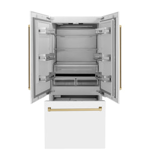 ZLINE KITCHEN & BATH Counter-Depth 19.6-cu ft 3 -Door Built-In French Door Refrigerator with Ice Maker with Water Dispenser ( Stainless Steel with White Matte door and Champagne Bronze Accent handle ) ENERGY STAR Certified