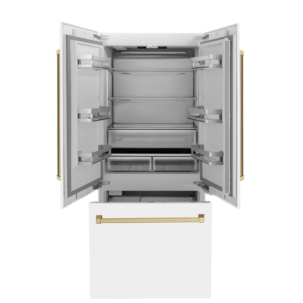 ZLINE KITCHEN & BATH Counter-Depth 19.6-cu ft 3 -Door Built-In French Door Refrigerator with Ice Maker with Water Dispenser ( Stainless Steel with White Matte door and Champagne Bronze Accent handle ) ENERGY STAR Certified
