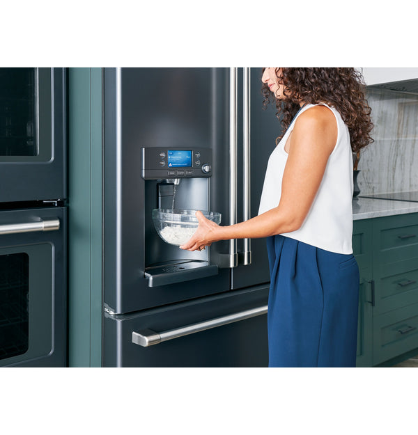 Cafe Standard-Depth 27.8-cu ft 3 -Door Smart Compatible French Door Refrigerator with Ice Maker with Water and Ice Dispenser ( Matte Black with Brushed Stainless Handles ) ENERGY STAR Certified