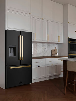ZLINE KITCHEN & BATH Standard-Depth 28.9-cu ft 3 -Door French Door Refrigerator with Ice Maker with Water and Ice Dispenser ( Black Stainless Steel with Flat Polished Gold Handle ) ENERGY STAR Certified