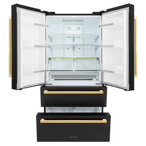 ZLINE KITCHEN & BATH Counter-Depth 21.6-cu ft 4 -Door French Door Refrigerator with Ice Maker with Water and Ice Dispenser ( Black Stainless Steel with Flat Polished Gold Handle ) ENERGY STAR Certified