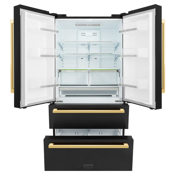 ZLINE KITCHEN & BATH Counter-Depth 21.6-cu ft 4 -Door French Door Refrigerator with Ice Maker with Water and Ice Dispenser ( Black Stainless Steel with Flat Polished Gold Handle ) ENERGY STAR Certified