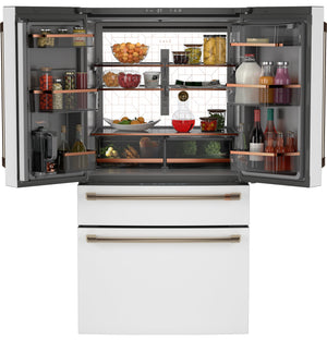 Cafe Standard-Depth Matte White with Brushed Bronze Handles 28.7-cu ft 4 -Door Smart Compatible French Door Refrigerator with Ice Maker with Water Dispenser ( Matte White ) ENERGY STAR Certified
