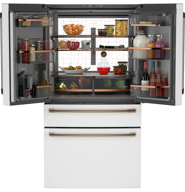 Cafe Standard-Depth Matte White with Brushed Bronze Handles 28.7-cu ft 4 -Door Smart Compatible French Door Refrigerator with Ice Maker with Water Dispenser ( Matte White ) ENERGY STAR Certified