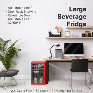 SnowLion Premium 69L Beverage Glass Door 2.4-cu ft Mini Fridge ( Red ) Garage Ready