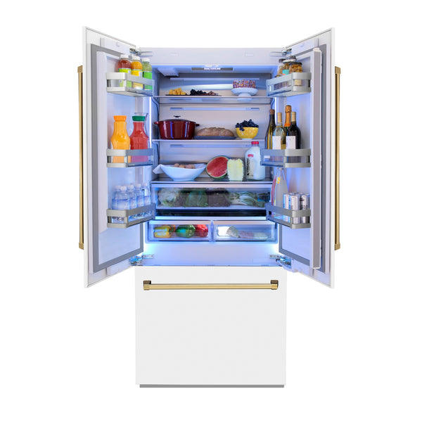 ZLINE KITCHEN & BATH Counter-Depth 19.6-cu ft 3 -Door Built-In French Door Refrigerator with Ice Maker with Water Dispenser ( Stainless Steel with a White Matte door and Polished Gold Handle ) ENERGY STAR Certified