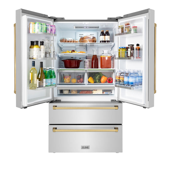 ZLINE KITCHEN & BATH Counter-Depth 22.5-cu ft 4 -Door French Door Refrigerator with Ice Maker with Ice Dispenser ( Stainless Steel w/ Polished Gold accent Handles ) ENERGY STAR Certified