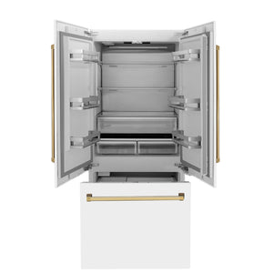 ZLINE KITCHEN & BATH Counter-Depth 19.6-cu ft 3 -Door Built-In French Door Refrigerator with Ice Maker with Water Dispenser ( Stainless Steel with a White Matte door and Polished Gold Handle ) ENERGY STAR Certified