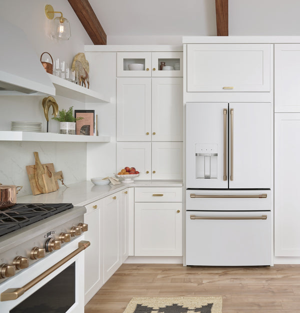 Cafe Standard-Depth 27.8-cu ft 4 -Door Smart Compatible French Door Refrigerator with Ice Maker with Water and Ice Dispenser ( Matte White ) ENERGY STAR Certified