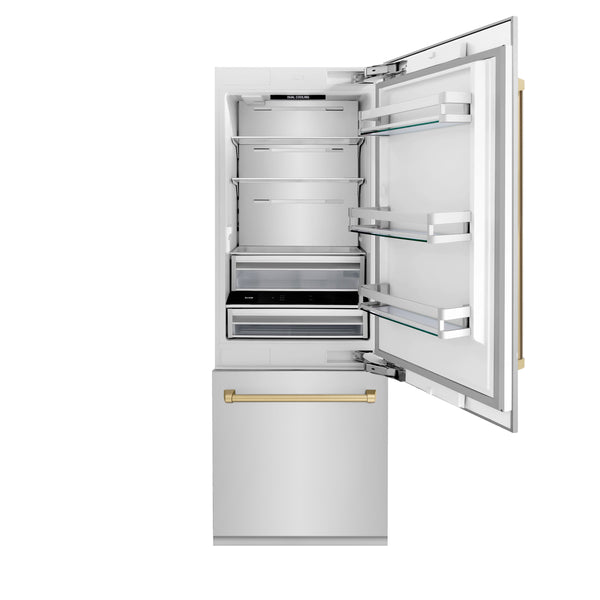 ZLINE KITCHEN & BATH Autograph Edition 16.1-cu ft Counter-Depth Built-In Bottom-Freezer Refrigerator with Ice Maker ( Stainless Steel with Champagne Bronze Handles ) ENERGY STAR Certified