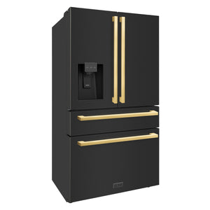ZLINE KITCHEN & BATH Counter-Depth 21.6-cu ft 4 -Door French Door Refrigerator with Ice Maker with Water and Ice Dispenser ( Black Stainless Steel with Flat Polished Gold Handle ) ENERGY STAR Certified