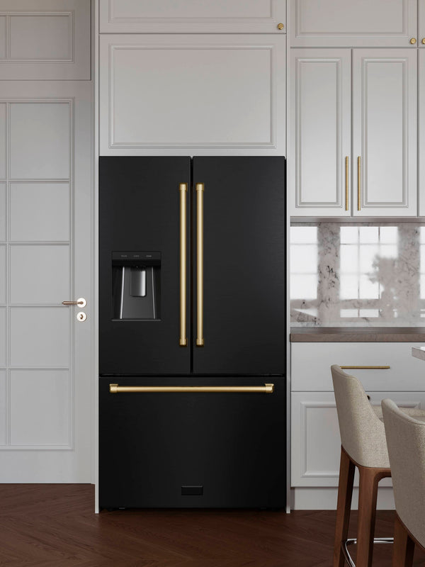 ZLINE KITCHEN & BATH Standard-Depth 28.9-cu ft 3 -Door French Door Refrigerator with Ice Maker with Water and Ice Dispenser ( Black Stainless Steel with Polished Gold Handle ) ENERGY STAR Certified
