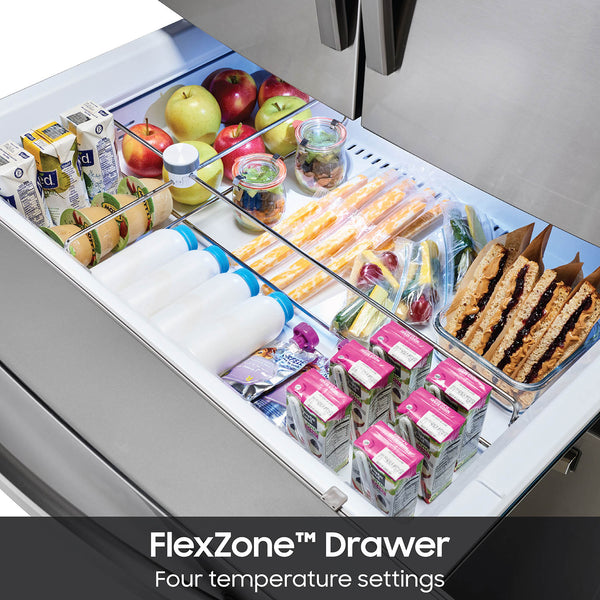 Samsung Standard-Depth with FlexZone Drawer 28-cu ft 4 -Door Smart Compatible French Door Refrigerator with Ice Maker with Water and Ice Dispenser ( Stainless Steel ) ENERGY STAR Certified