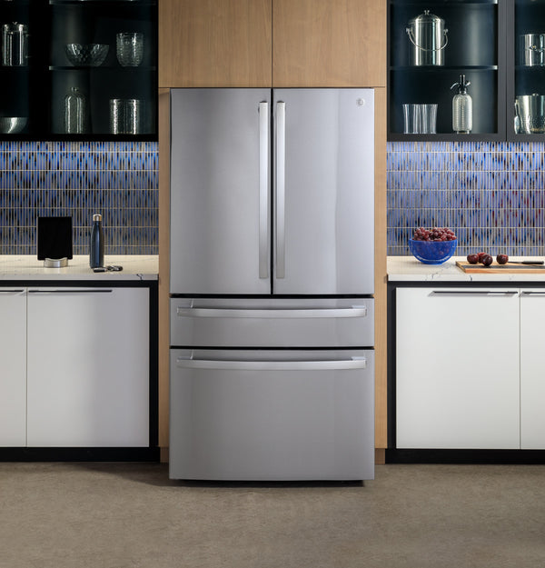 GE Profile Counter-Depth 23.2-cu ft 4 -Door Smart Compatible French Door Refrigerator with Ice Maker with Water Dispenser and Door within Door ( Stainless Steel ) ENERGY STAR Certified