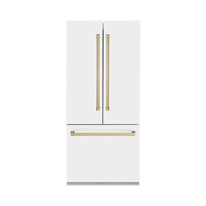 ZLINE KITCHEN & BATH Counter-Depth 19.6-cu ft 3 -Door Built-In French Door Refrigerator with Ice Maker with Water Dispenser ( Stainless Steel with White Matte door and Champagne Bronze Accent handle ) ENERGY STAR Certified