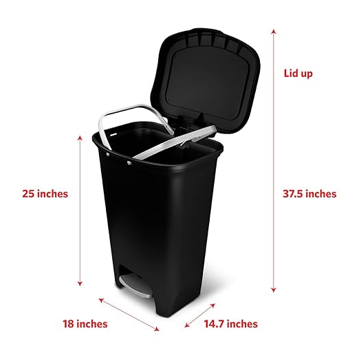 13 Gallon Trash Can | Plastic Kitchen Waste Bin with Odor Protection of Lid | Hands Free with Step On Foot Pedal and Garbage Bag Rings, Black