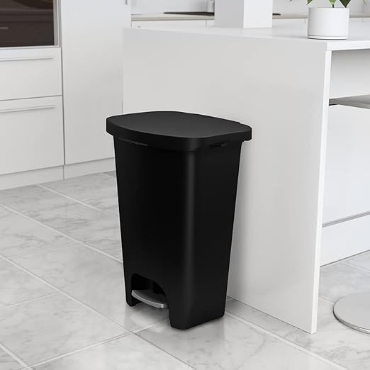 13 Gallon Trash Can | Plastic Kitchen Waste Bin with Odor Protection of Lid | Hands Free with Step On Foot Pedal and Garbage Bag Rings, Black