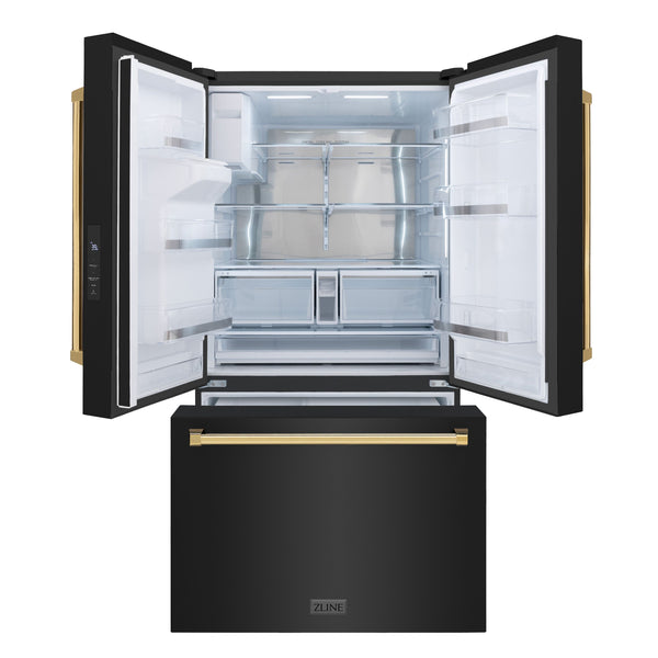 ZLINE KITCHEN & BATH Standard-Depth 28.9-cu ft 3 -Door French Door Refrigerator with Ice Maker with Water and Ice Dispenser ( Black Stainless Steel with Polished Gold Handle ) ENERGY STAR Certified