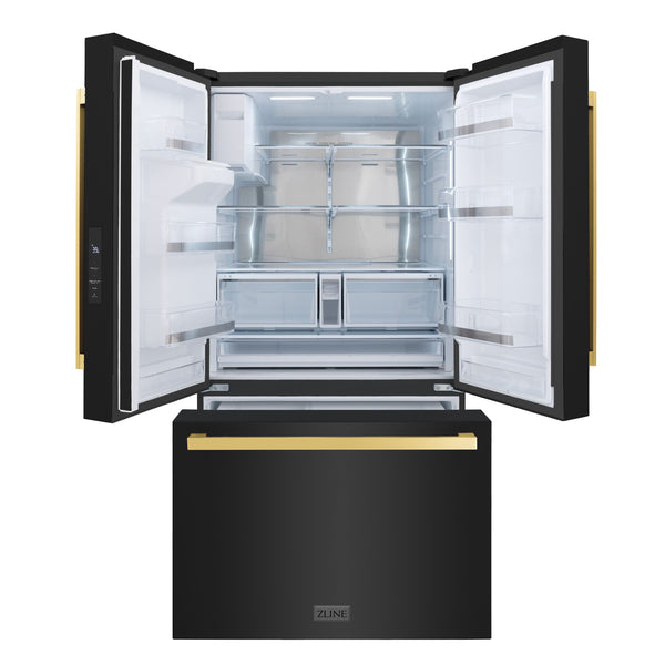 ZLINE KITCHEN & BATH Standard-Depth 28.9-cu ft 3 -Door French Door Refrigerator with Ice Maker with Water and Ice Dispenser ( Black Stainless Steel with Flat Polished Gold Handle ) ENERGY STAR Certified