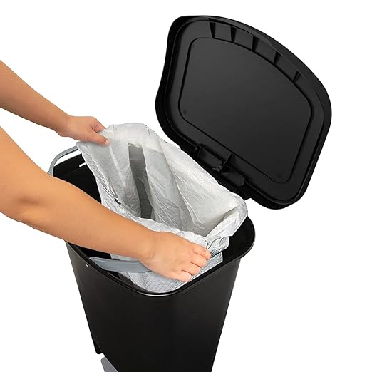 13 Gallon Trash Can | Plastic Kitchen Waste Bin with Odor Protection of Lid | Hands Free with Step On Foot Pedal and Garbage Bag Rings, Black