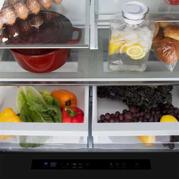 ZLINE KITCHEN & BATH Counter-Depth 21.6-cu ft 4 -Door French Door Refrigerator with Ice Maker with Water and Ice Dispenser ( Black Stainless Steel with Flat Polished Gold Handle ) ENERGY STAR Certified