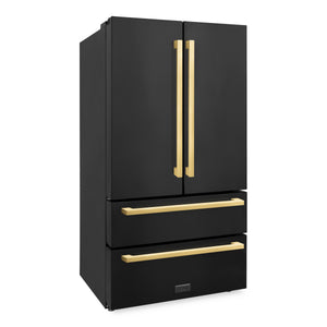 ZLINE KITCHEN & BATH Counter-Depth 21.6-cu ft 4 -Door French Door Refrigerator with Ice Maker with Water and Ice Dispenser ( Black Stainless Steel with Flat Polished Gold Handle ) ENERGY STAR Certified