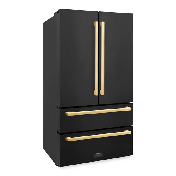 ZLINE KITCHEN & BATH Counter-Depth 21.6-cu ft 4 -Door French Door Refrigerator with Ice Maker with Water and Ice Dispenser ( Black Stainless Steel with Flat Polished Gold Handle ) ENERGY STAR Certified