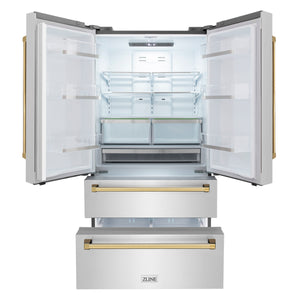 ZLINE KITCHEN & BATH Counter-Depth 22.5-cu ft 4 -Door French Door Refrigerator with Ice Maker with Ice Dispenser ( Stainless Steel w/ Polished Gold accent Handles ) ENERGY STAR Certified