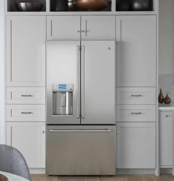 Cafe Standard-Depth Hot Water Dispenser 27.8-cu ft 3 -Door Smart Compatible French Door Refrigerator with Ice Maker with Water and Ice Dispenser ( Stainless Steel with Brushed Stainless Handles ) ENERGY STAR Certified