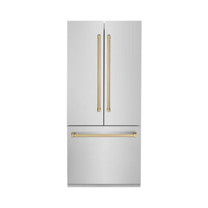 ZLINE KITCHEN & BATH Counter-Depth Autograph Edition 19.6-cu ft 3 -Door Built-In French Door Refrigerator with Ice Maker with Water Dispenser ( Stainless Steel with Champagne Bronze Handles ) ENERGY STAR Certified