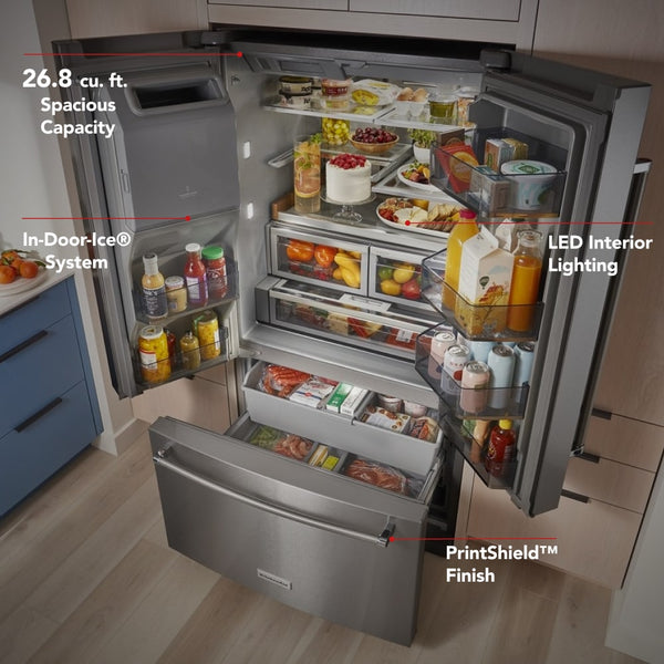 KitchenAid Standard-Depth 27-cu ft 3 -Door French Door Refrigerator with Ice Maker with Water and Ice Dispenser ( Stainless Steel with PrintShield Finish ) ENERGY STAR Certified
