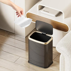 2.1 Gallon Bathroom Trash Can with Lid Press Top, 8 Liter Stainless Steel Garbage Can with Press Type Lid, Slim Trash Bin Waste Basket for Toilet, Office, Bedroom (Titanium Black)