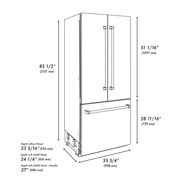 ZLINE KITCHEN & BATH Counter-Depth 19.6-cu ft 3 -Door Built-In French Door Refrigerator with Ice Maker with Water Dispenser ( Satin Stainless Steel, Polished Gold Handle ) ENERGY STAR Certified