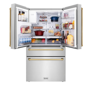 ZLINE KITCHEN & BATH Counter-Depth 21.6-cu ft 4 -Door French Door Refrigerator with Ice Maker with Water Dispenser ( Fingerprint Resistant Stainless Steel with Polished Gold accent Handles ) ENERGY STAR Certified