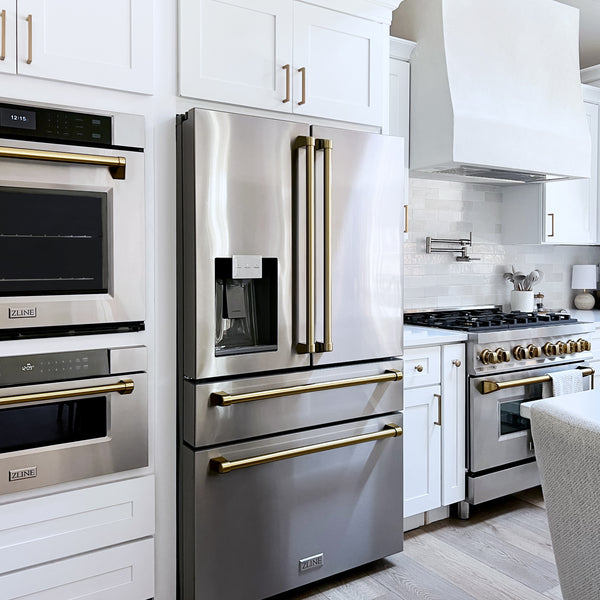 ZLINE KITCHEN & BATH Counter-Depth Autograph Edition 21.6-cu ft 4 -Door French Door Refrigerator with Ice Maker with Water Dispenser ( Fingerprint Resistant Stainless Steel with Champagne Bronze accent Handles ) ENERGY STAR Certified