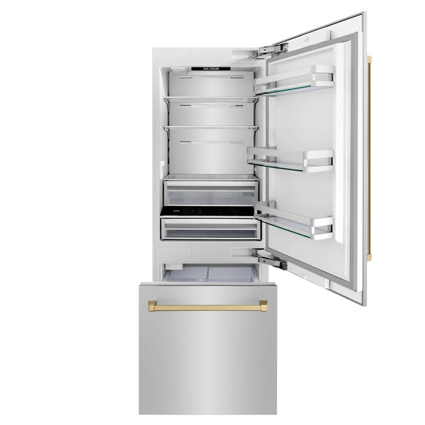 ZLINE KITCHEN & BATH Autograph Edition 16.1-cu ft Counter-Depth Built-In Bottom-Freezer Refrigerator with Ice Maker ( Stainless Steel with Champagne Bronze Handles ) ENERGY STAR Certified