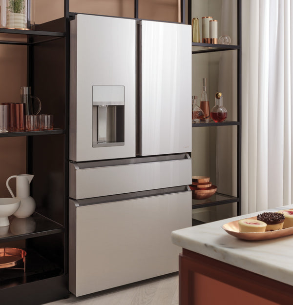 Cafe Standard-Depth Modern Glass 27.8-cu ft 4 -Door Smart Compatible French Door Refrigerator with Ice Maker with Water and Ice Dispenser ( Platinum Glass ) ENERGY STAR Certified