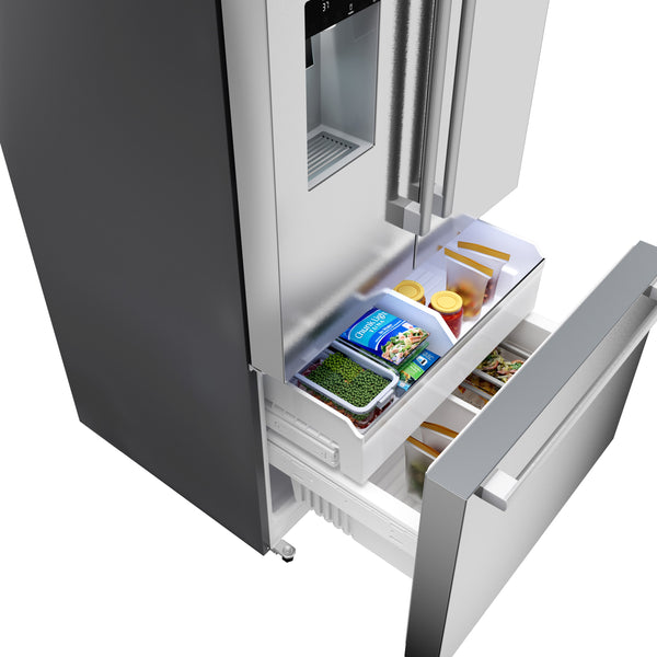 Bosch Standard-Depth 500 Series 26-cu ft 3 -Door Smart Compatible French Door Refrigerator with Ice Maker with Water and Ice Dispenser ( Stainless Steel ) ENERGY STAR Certified