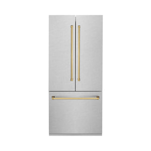 ZLINE KITCHEN & BATH Counter-Depth 19.6-cu ft 3 -Door Built-In French Door Refrigerator with Ice Maker with Water Dispenser ( Satin Stainless Steel, Polished Gold Handle ) ENERGY STAR Certified