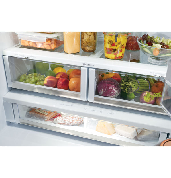 Cafe Standard-Depth Hot Water Dispenser 27.8-cu ft 3 -Door Smart Compatible French Door Refrigerator with Ice Maker with Water and Ice Dispenser ( Stainless Steel with Brushed Stainless Handles ) ENERGY STAR Certified