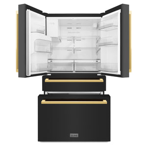 ZLINE KITCHEN & BATH Counter-Depth 21.6-cu ft 4 -Door French Door Refrigerator with Ice Maker with Water and Ice Dispenser ( Black Stainless Steel with Flat Polished Gold Handle ) ENERGY STAR Certified